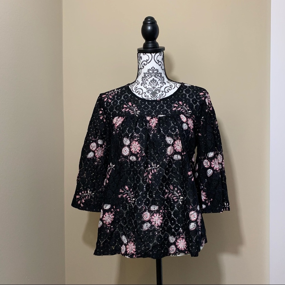 LOFT Black and Pink Floral Top